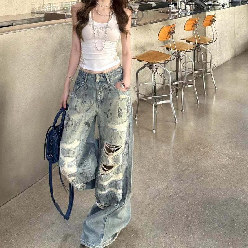 Benuynffy American High Street Low-rise Ripped Jeans Women's Y2k Fashion Vintage BF Style Casual Baggy Wide Leg Denim Pants