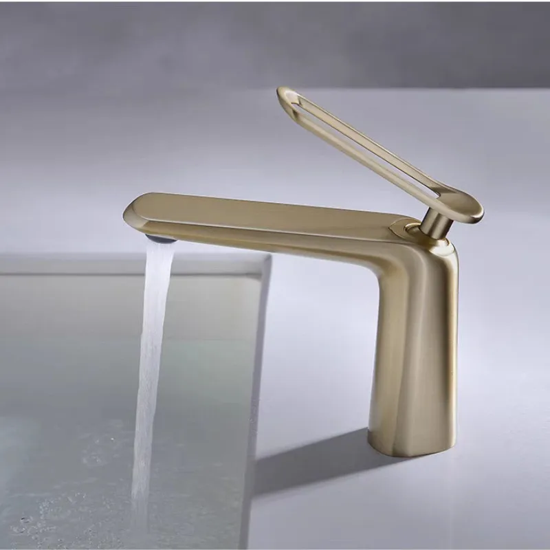 

Basin Faucet Brush Gold Finished Deck Mounted Brass Bathroom Sink Faucets Hot And Cold Single Lever Basin Tap