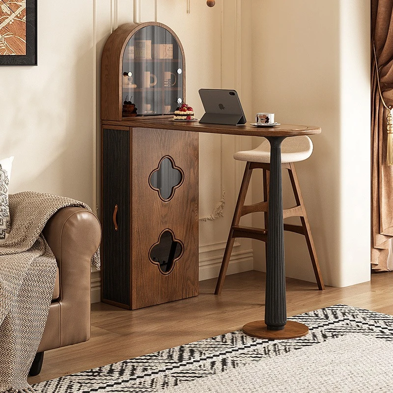 

American solid wood bar table, household small apartment living room in the ancient style, retractable locker integrated