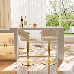 Sgabelli da bar e sedie da pranzo in confezione da 2 con schienale comfort in velluto intrecciato a mano, sgabello da bancone in metallo con base dorata ad altezza regolabile