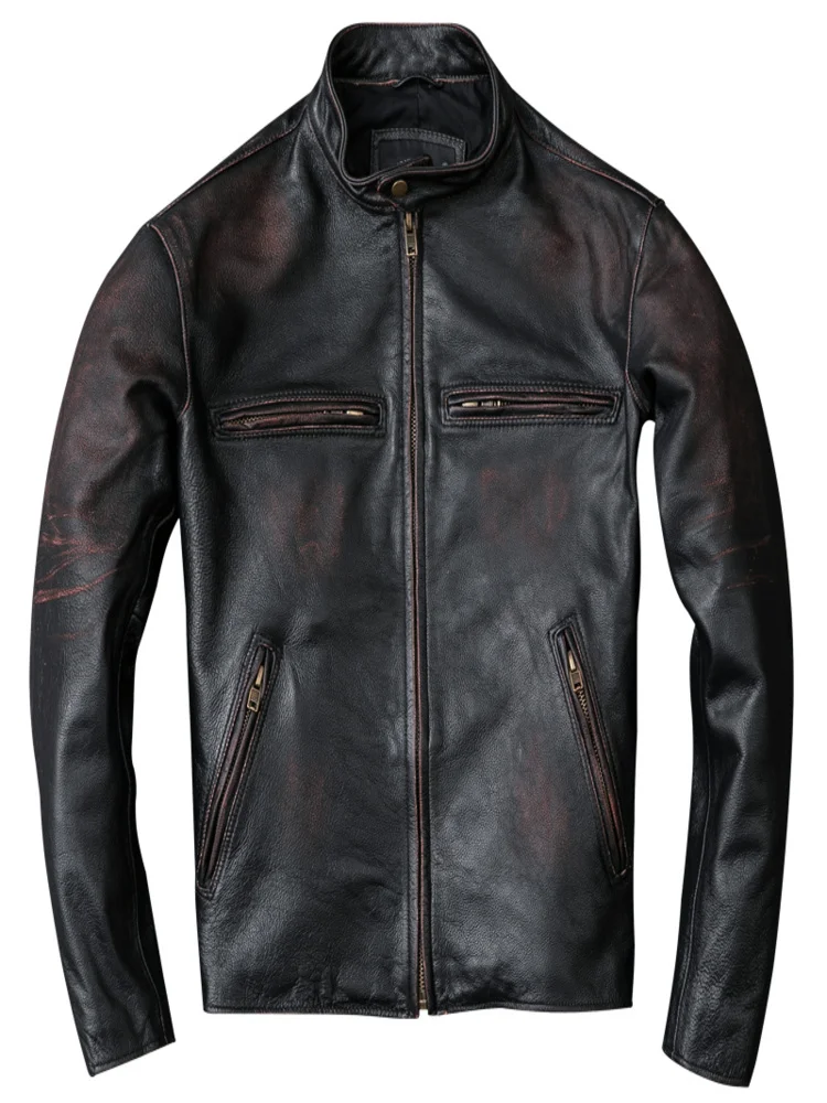 

Washed Stone Milled Edging Distressed Men Leather Jacket Vintage Black 100% Natural Calf Skin Coat Clothing