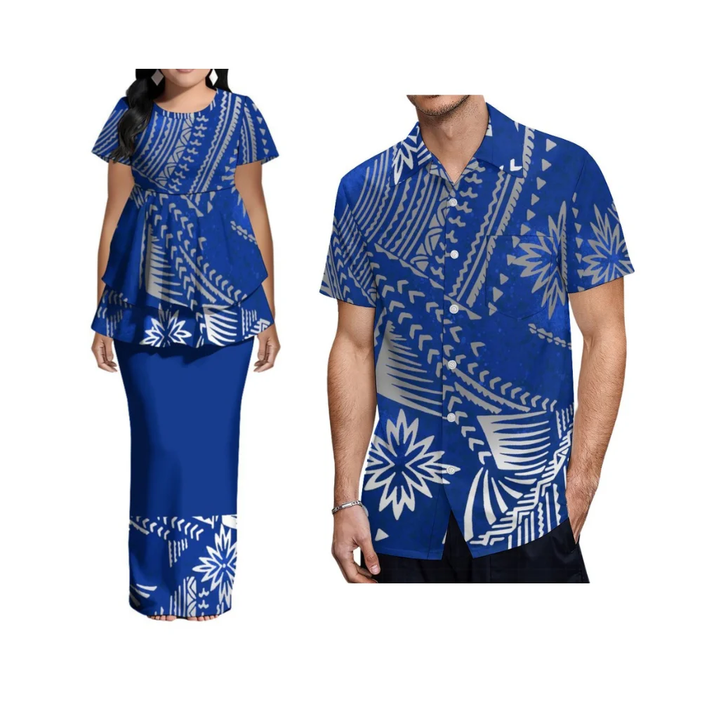 Verão polinésia feminino de manga curta em torno do pescoço cintura cinched bainha dupla camada terno vestido samoan personalizado roupas de casal