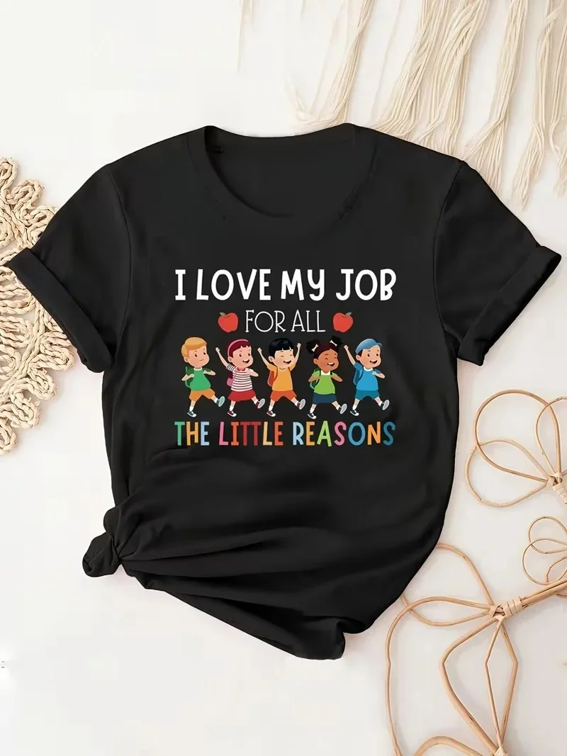 Womens I Love My Job Teacher's Pattern Tshirt Casual Top Short Sleeve Promo Tee for Work Motivation and Daily Casual Wear Gift