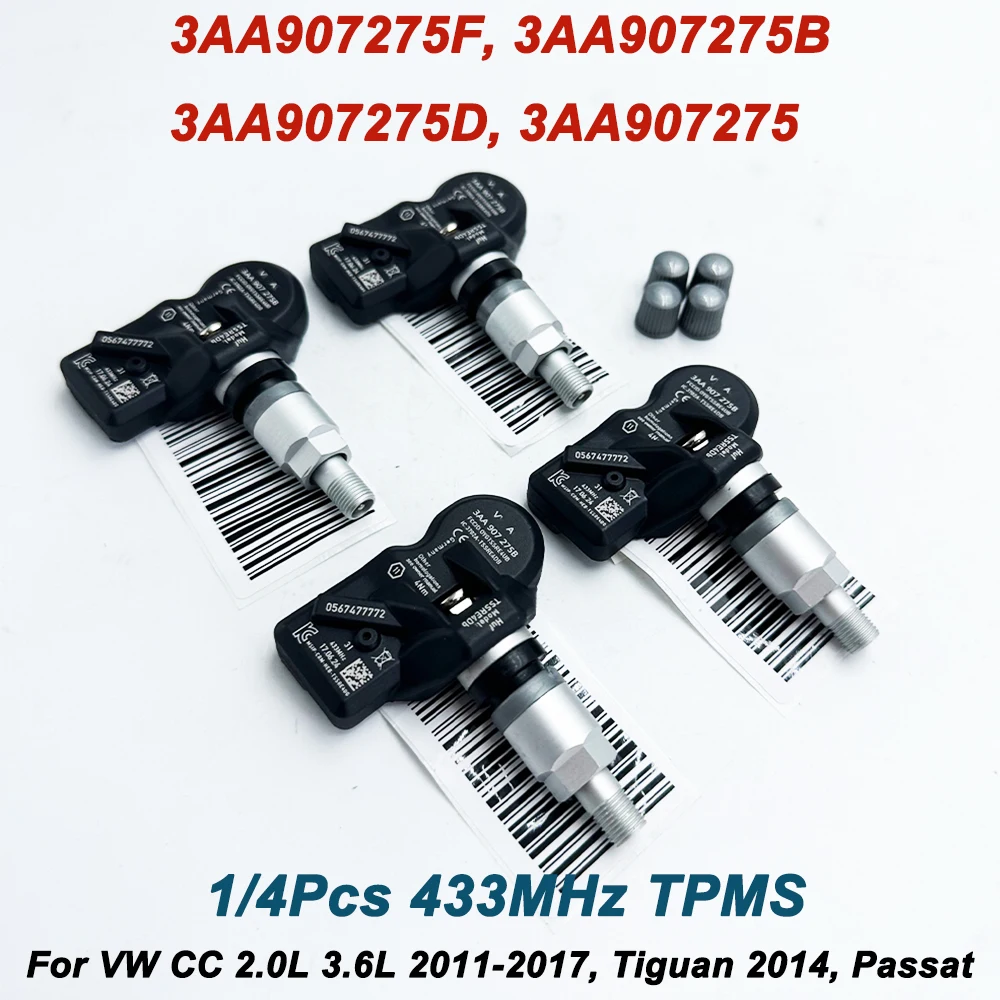 

1/4 шт. датчик давления в шинах TPMS 433 МГц для VW CC 2.0L 3.6L 2011-2017 Tiguan Passat 3AA907275B 3AA907275F 3AA907275D 3AA907275