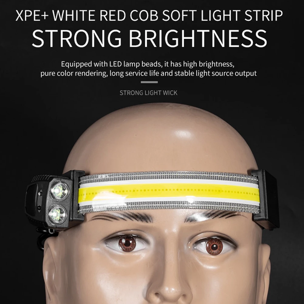 الاستشعار كشافات COB LED رئيس مصباح بطارية مصباح رئيس الشعلة 7 طرق الإضاءة رئيس ضوء التخييم في الهواء الطلق رئيس الشعلة