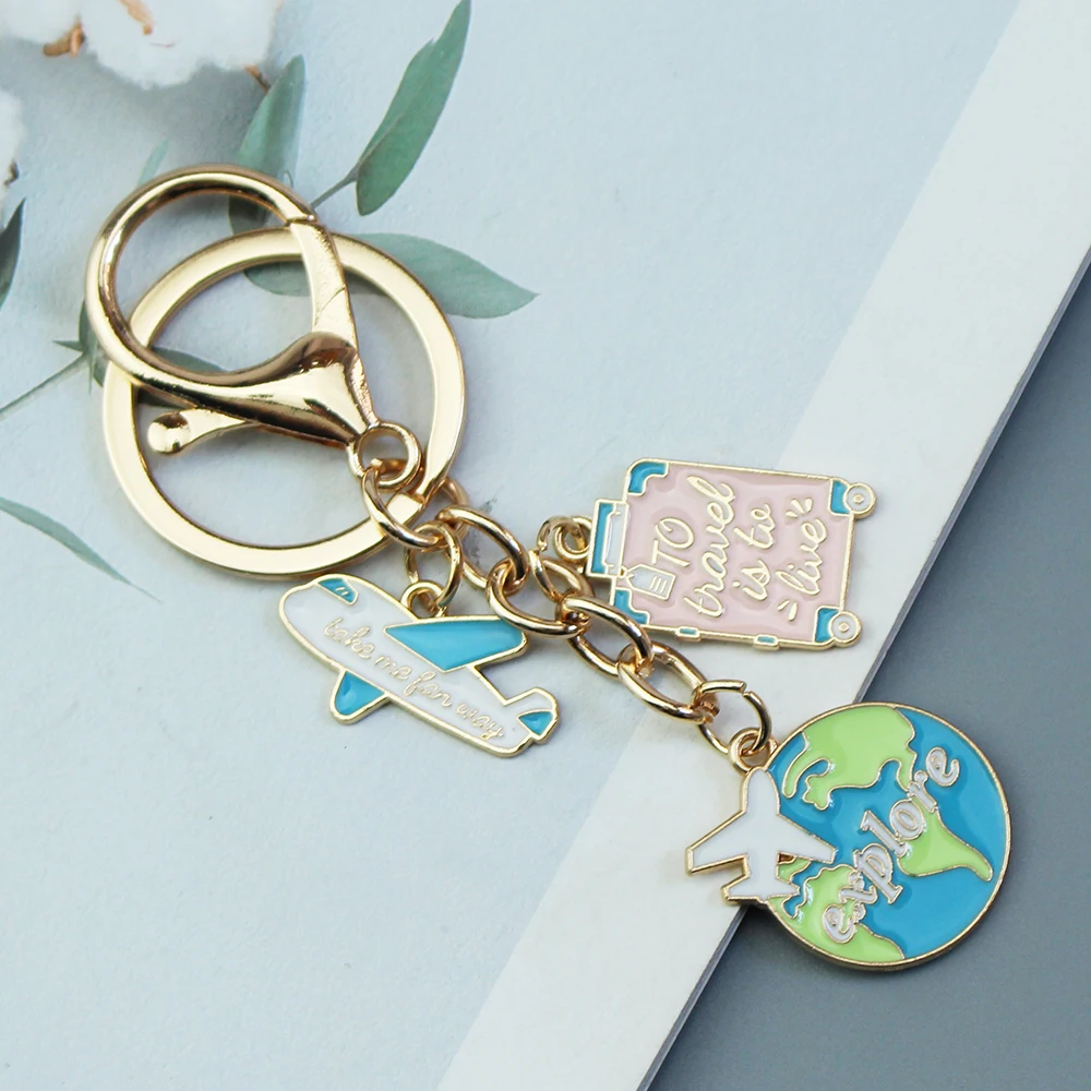 Cute Enamel Keychains Cartoon Explore Earth Plane Key Rings Travel Sign Pendants For Women Men Friendship Gifts Handmade Jewelry