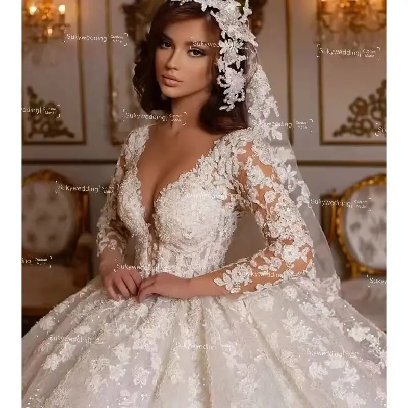 Princess Ball Gown Wedding Dresses Long Sleeve V neck Luxury Applique Sequins Beads Dubai  Bridal Gown Outfit Customized