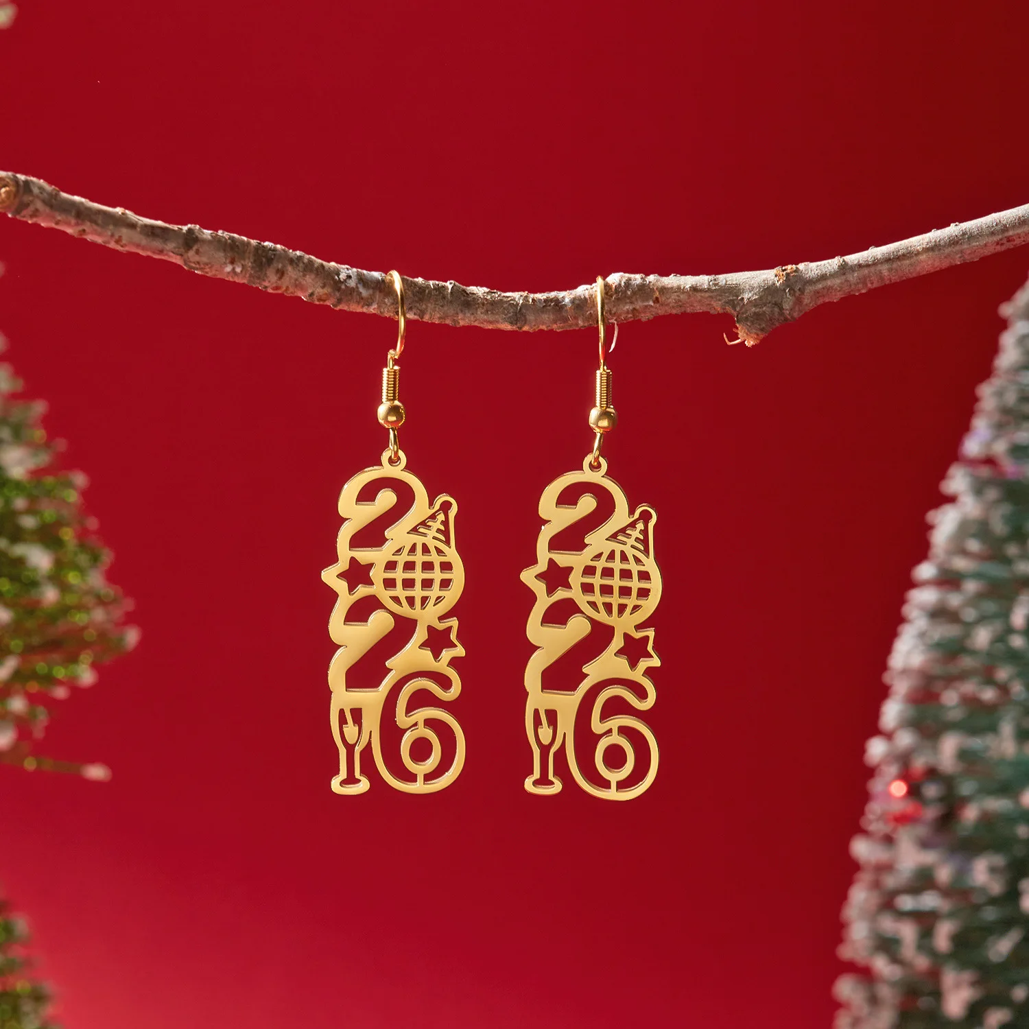Stainless steel gold hollowed out digital 2026 New Year earrings