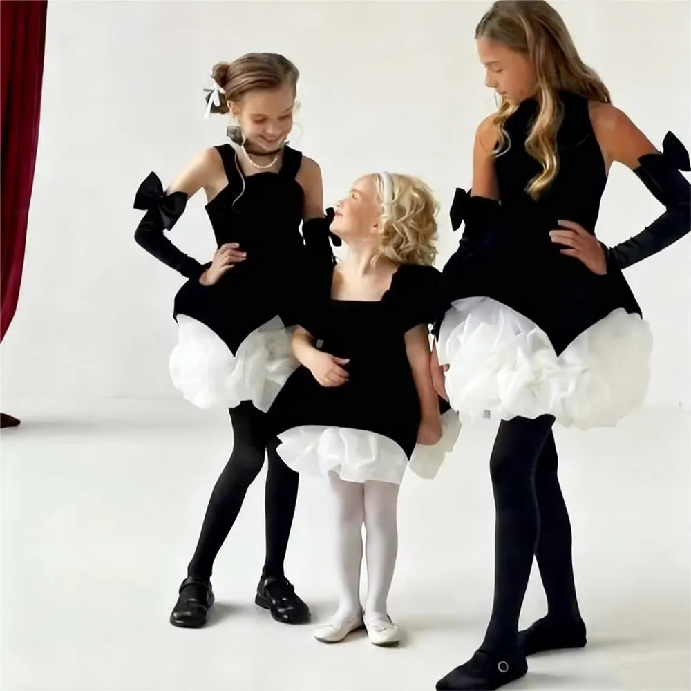 

Cute Flower Girl Wedding Dress Ruffles Layered with Bow Velvet Kids Birthday Party First Communion Ball Gown vestidos de novia