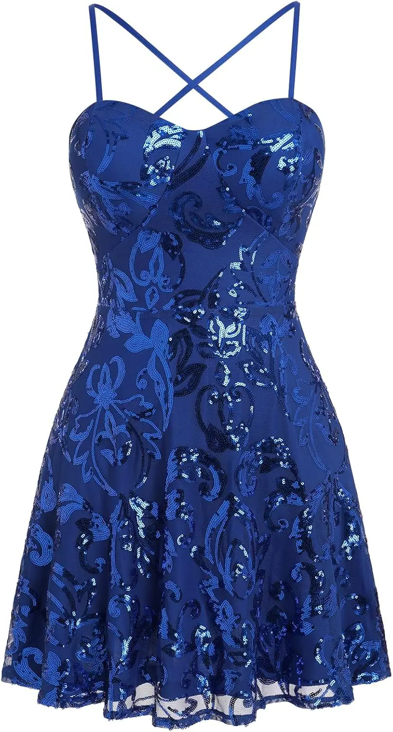 Women's Spaghetti Straps Sparkly Sequins A Line Swing Party Nightclub Dance Mini Dress Above Knee Length Homecoming Dress