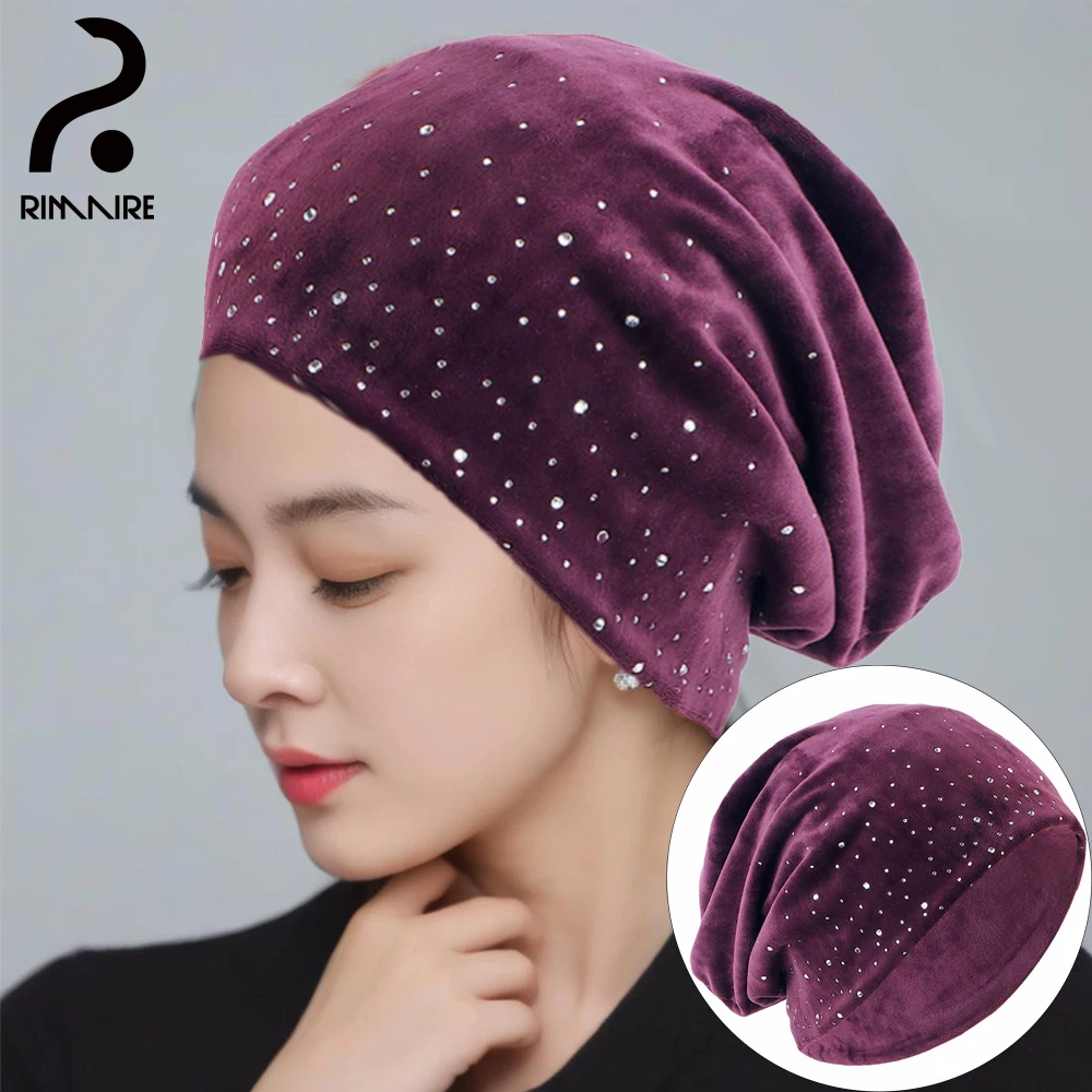 RIMAIRE Muslim Fashionable Pure Color Plush Hat Hijab with Diamonds Decoration Islam Hijabs for Women Soft and Comfortable Hijab