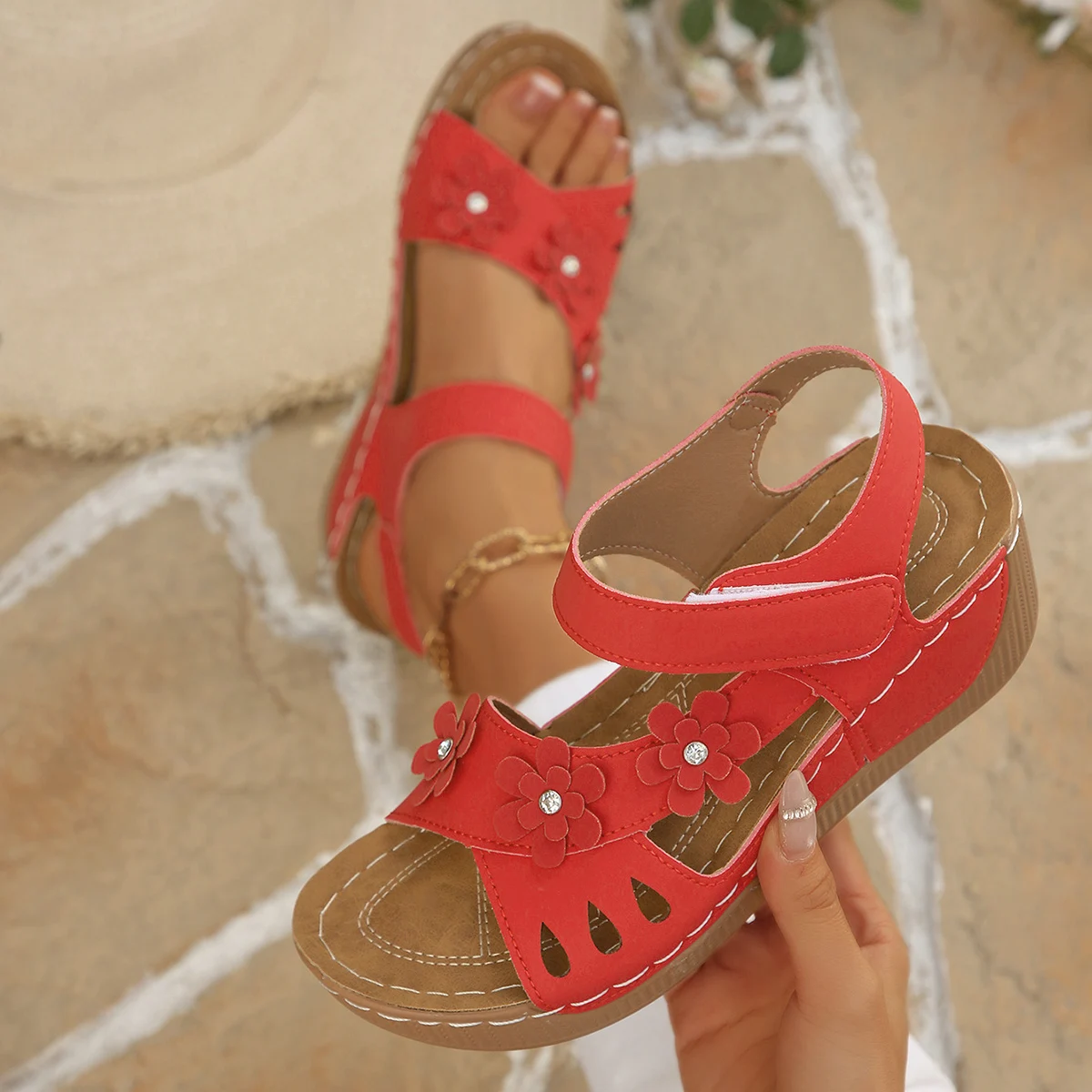 Women Large Size Sandals Outdoor Thick Bottom Shoes Women Summer Flowers Hollow Out Sandals Comfortable Beach Slope Heel Shoes