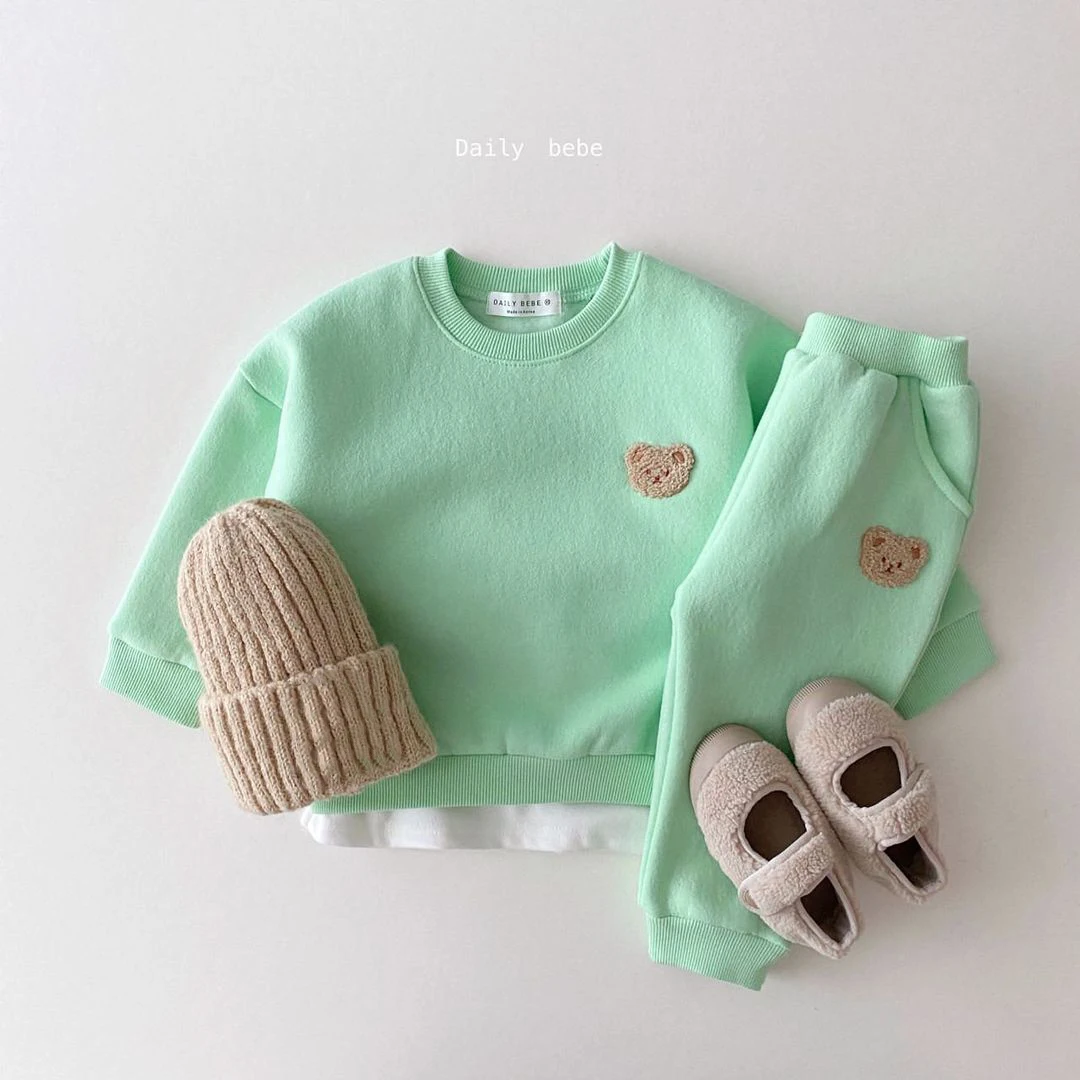 Korean Baby Boys Winter Clothes Sets Warm Bear Velvet Fleece Lined Pullover Sweatshirt Tops+Harem Pants 2pcs Girl Sports Outfits