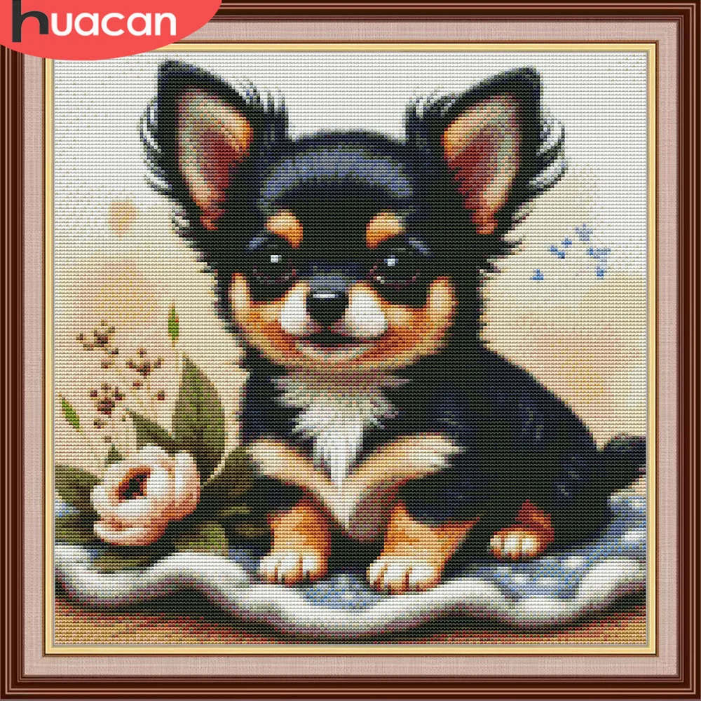 HUACAN – costumes brodés pour chien, Animal, point de croix, fils Dmc, artisanat de fleur de pivoine, image imprimée de 11Ct, toile pour la maison