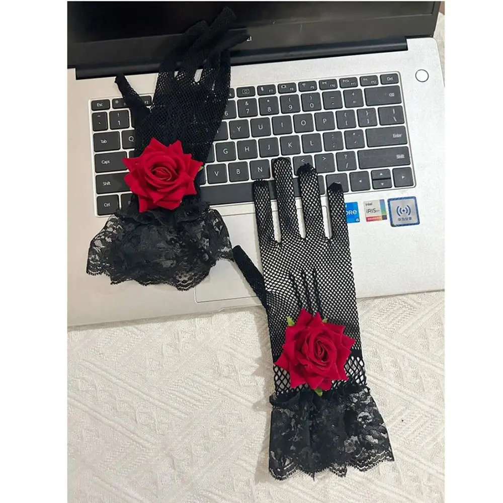 Vintage Rose Flower Fishnet Gloves Thin Hollow Out Mesh Mittens Breathable Gothic Lace Gloves Halloween