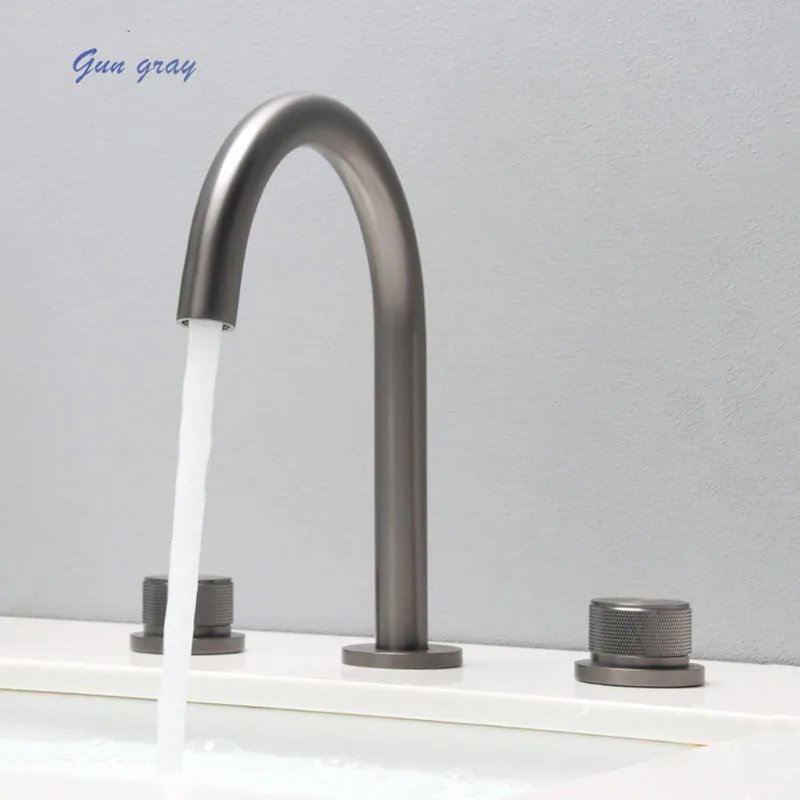 Gun Gray/Brushed Gold Bathroom Basin Faucet Round Double Handle Three-HolesDeck Mounted Hot and Cold Water Tap Crane Widespread