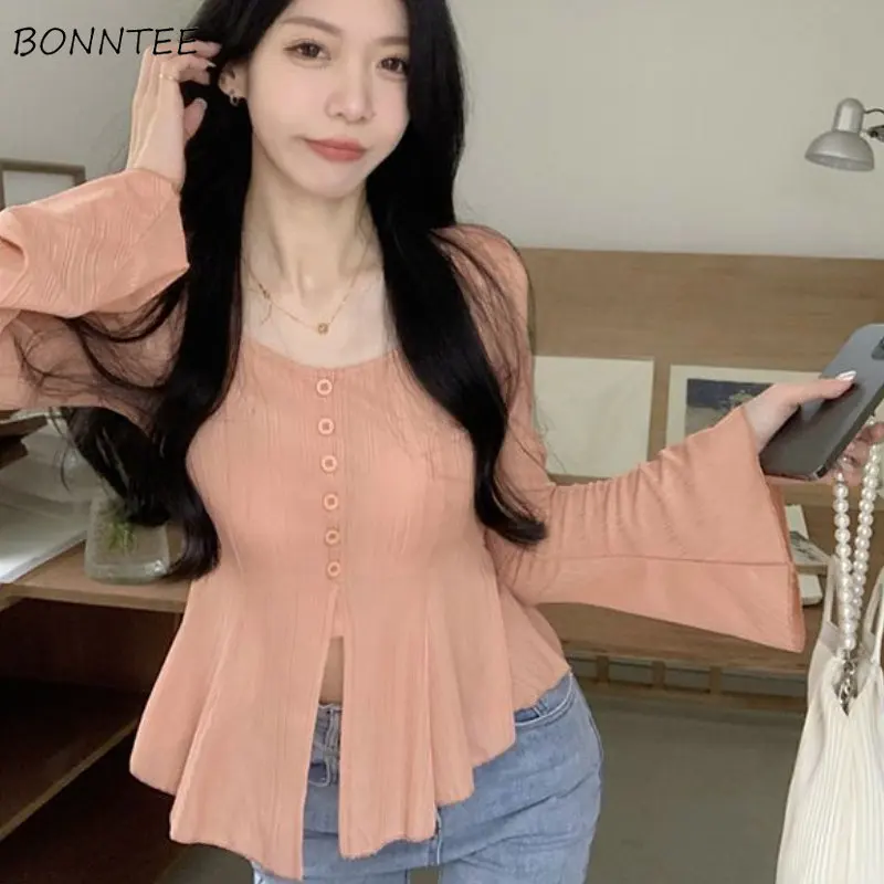 Shirts Women Elegant Vintage Ruffles Design Literary Summer Thin Flare Sleeve Korean Style Female Solid Slim Tops Sexy Popular