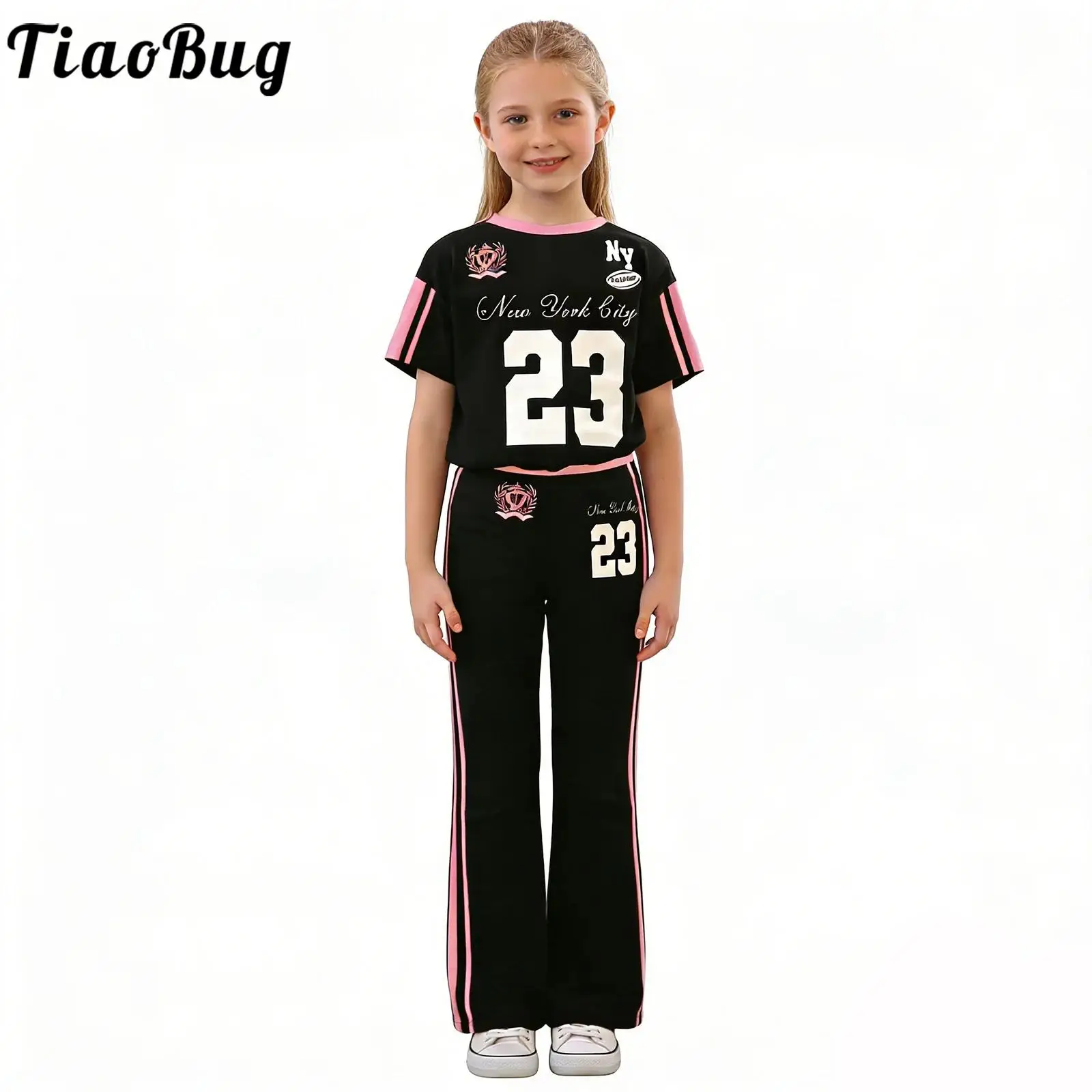 Kids Girls Exercise Warm-up Sports Costume Number Printed Color Block Short-sleeve T-shirt with Elastic Waistband Flared Pants