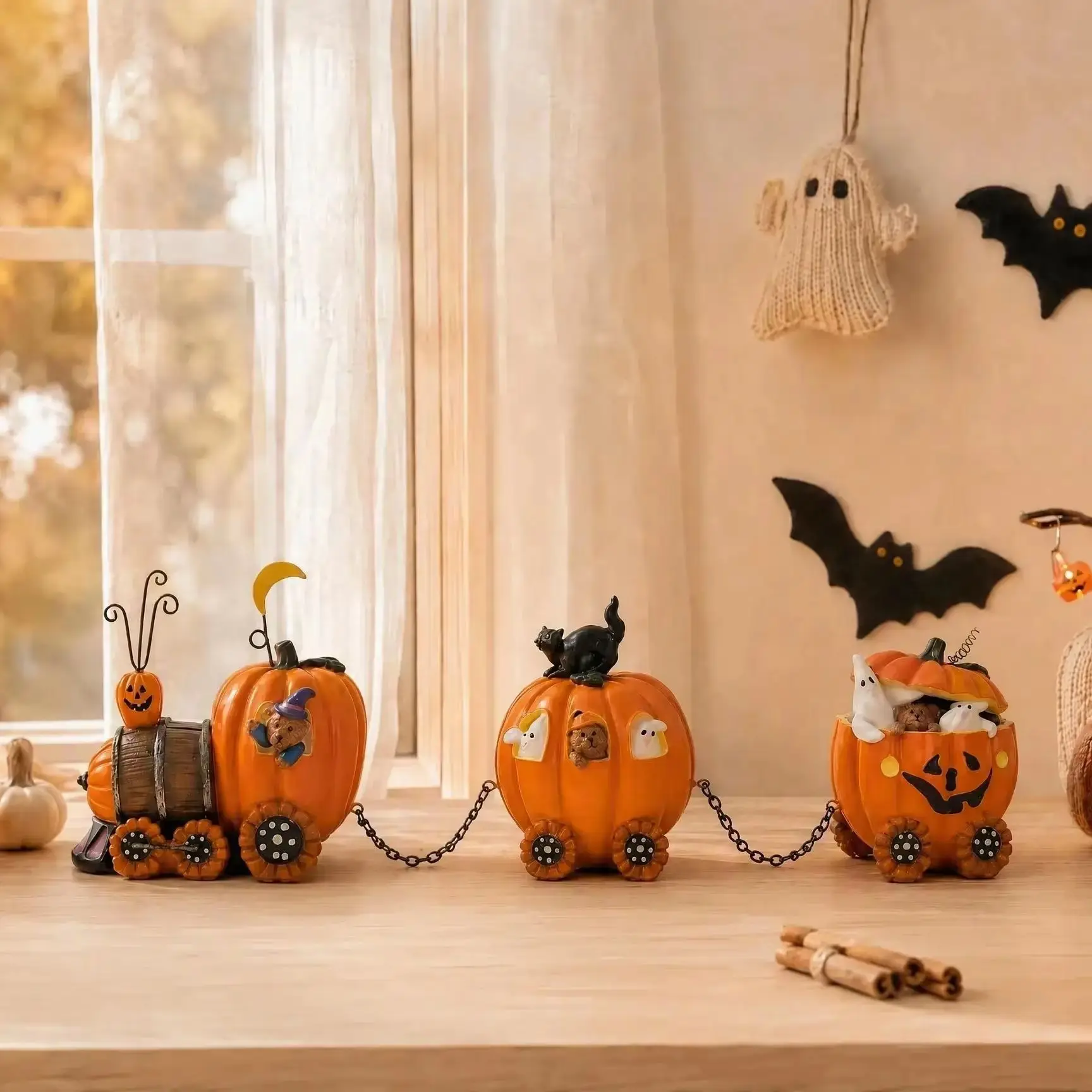 Retro Halloween Ghost Pumpkin Car Model Resin Sculpture,Home Desktop and Party Scene Decorative Craft, Halloween Gift