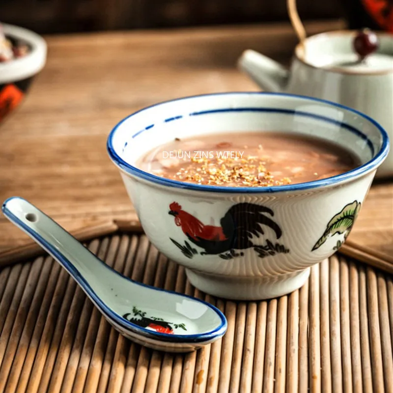 Juego de Tazones y Cucharas de Cerámica Vintage, Tazón de Porcelana China para Sopa de Fideos, Vajilla para el Hogar, Tazón para Helado y Ensalada