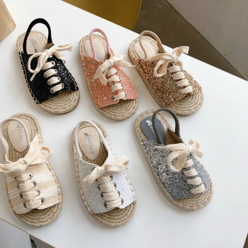 sandalias Korean Summer Casual Sandals Sequin 2023 New Girls Round Toe Soft Sole Anti Slip Princess Children Shoes zapatos niña