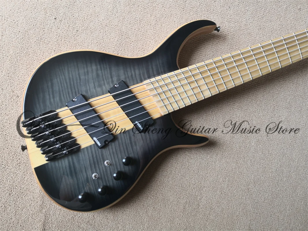 6 Strings Bass Guitar CM Light Black Bass Maple Neck Through ASH Wood Body Active Fan Fingerboard  Independent Bridge