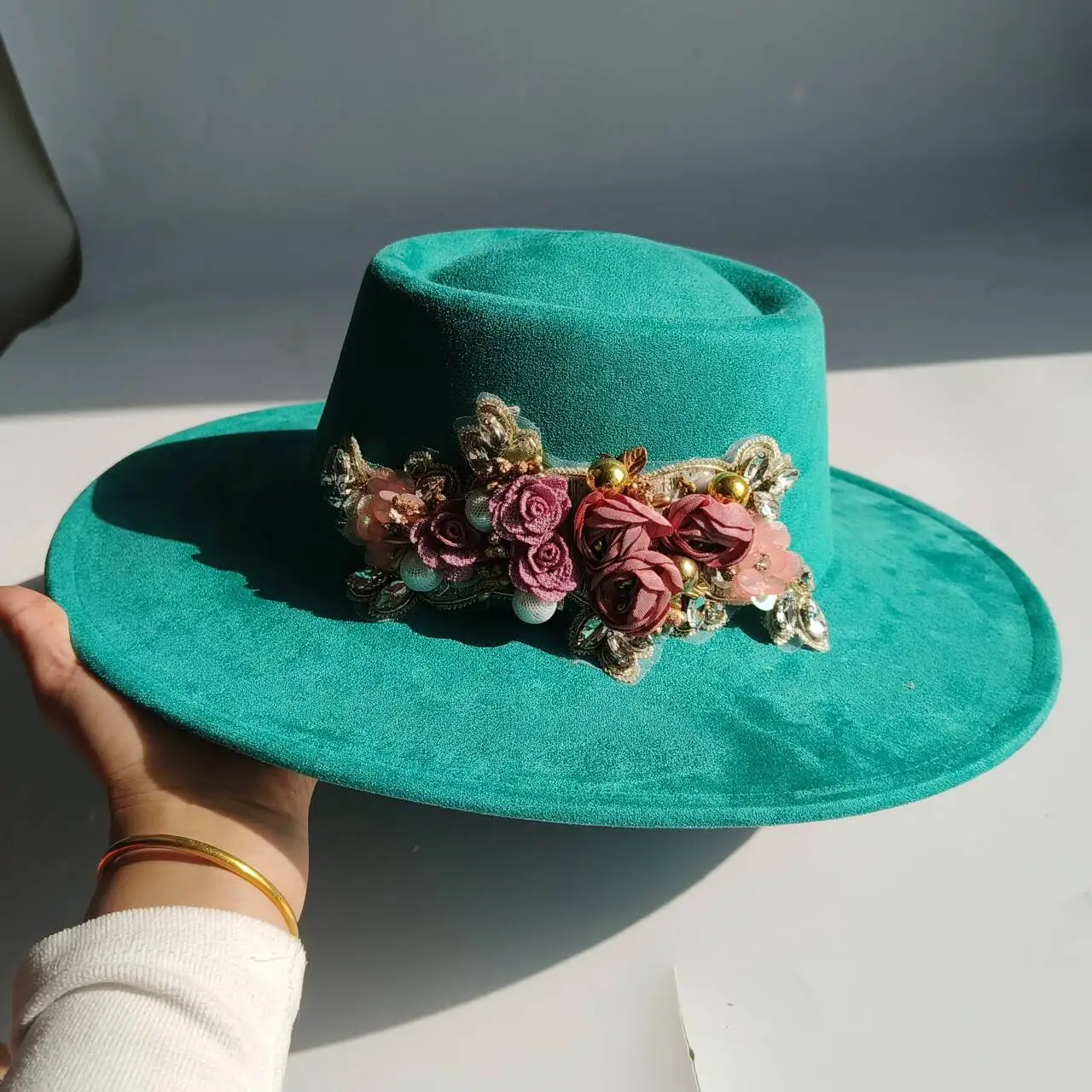 vegan suede Hat Pork pie decals with rhinestones  autumn and winter Panama jazz hat retro Fedora wide brim hat bonnet femme