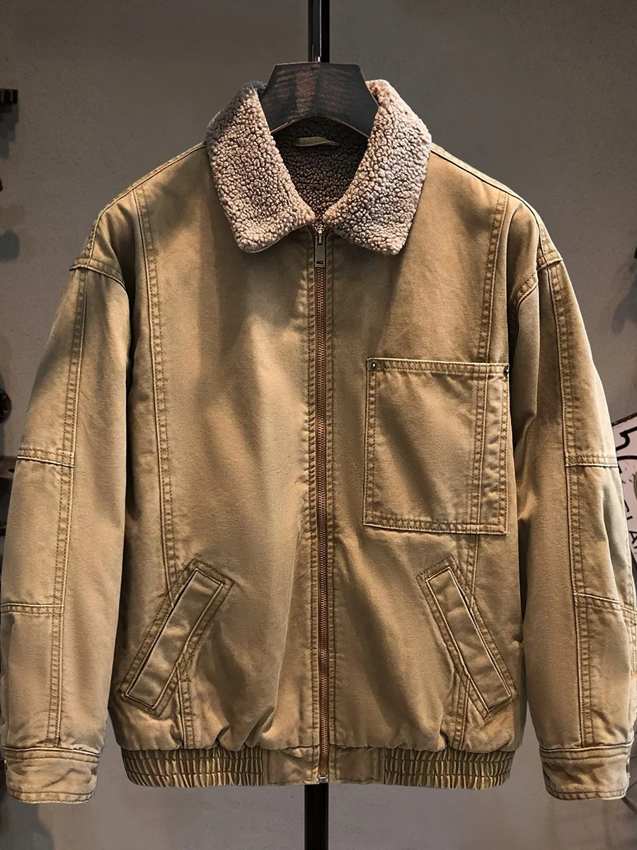 

Thiened Fce Lined Workwear Jaet Men's Winter Faion Warm Coat with Fur Collar Heavy Du Wear Resistant Cotton Outerwear