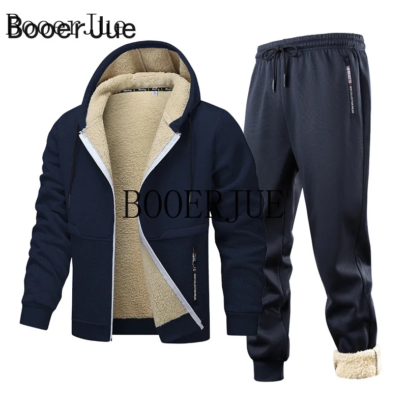 2 Piece Warm Outdoor Hiking Running Sports Set Men's Tracksuit Fleece Hooded Thickened Winter Outfit Zip Up Hoodie + Sweatpants