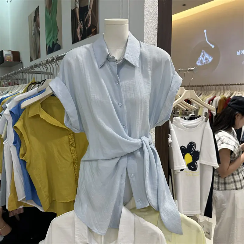 

SY'sYouthfully Women Blouse Oversized Top Short Sleeve Loose Shirts Slim Waist Summer Korean Style Female Solid Shirt Blouses