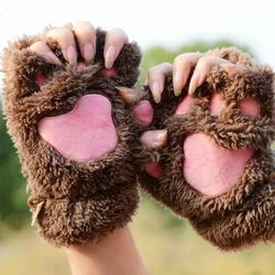 Cute Cartoon Bear Paw Fingerless Gloves Cat Paw Gloves Winter Girl Open Finger Gloves Thickened Fluffy Half Finger Gloves