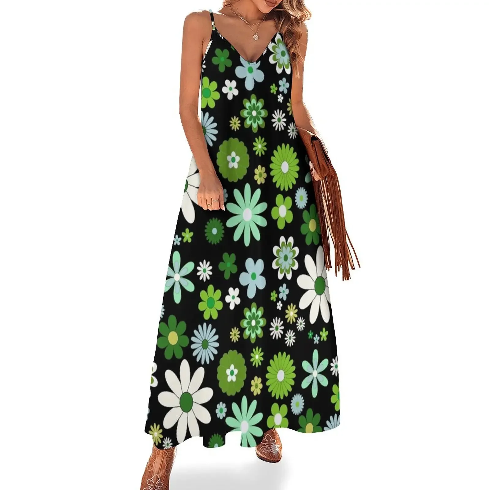 

Go Go Girl Retro 60's Greens, White, Black Fun French Design Sleeveless Dress beach outfits for women beach dresses
