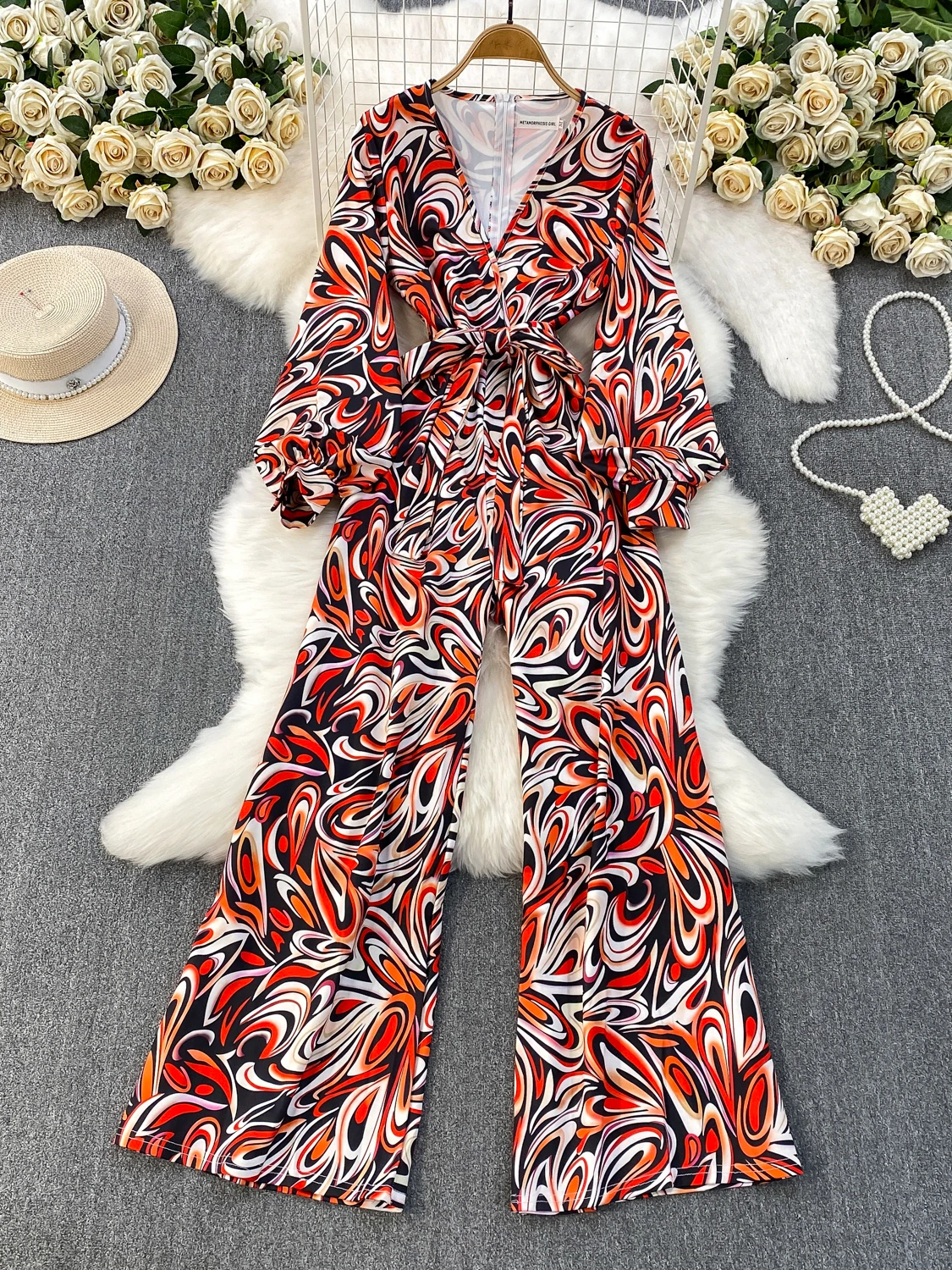 

Slimming Wide Leg Pants Sexy Cross V Ne Long Sve Women's Autumn Winter Faion Print High Waist Suit