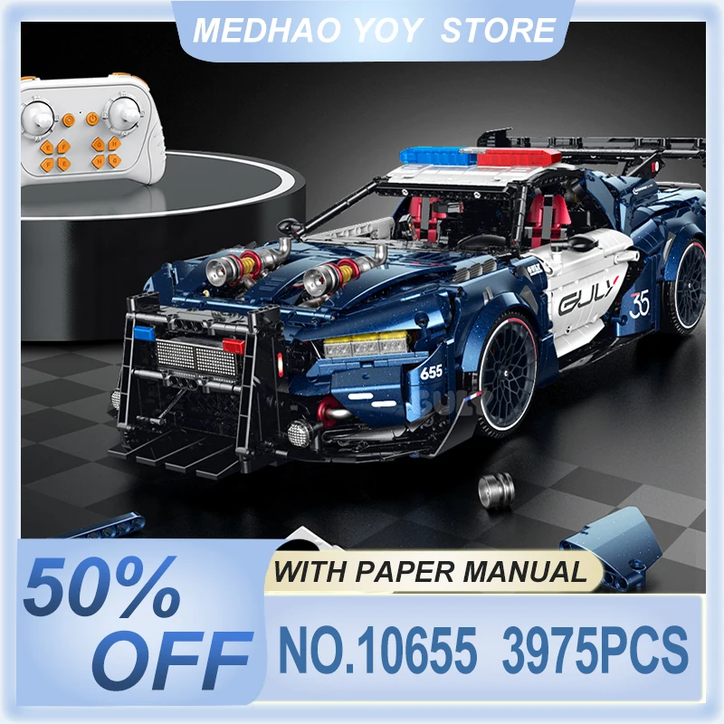 

Креативная серия суперкаров: Полицейская машина на радиоуправлении 1:8, конструктор GULY 10655, модель городского транспорта, игрушка-конструктор DIY, подарок на день рождения для мальчика