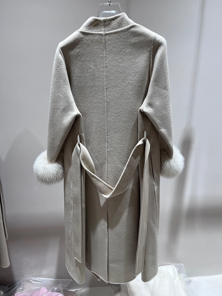 2024 New Fashion Winter Cashmere Wool Woolen Long Coat Real Fur Jacket Women Natural Fox Fur Cuffs Ladies Outerwear Female Coat