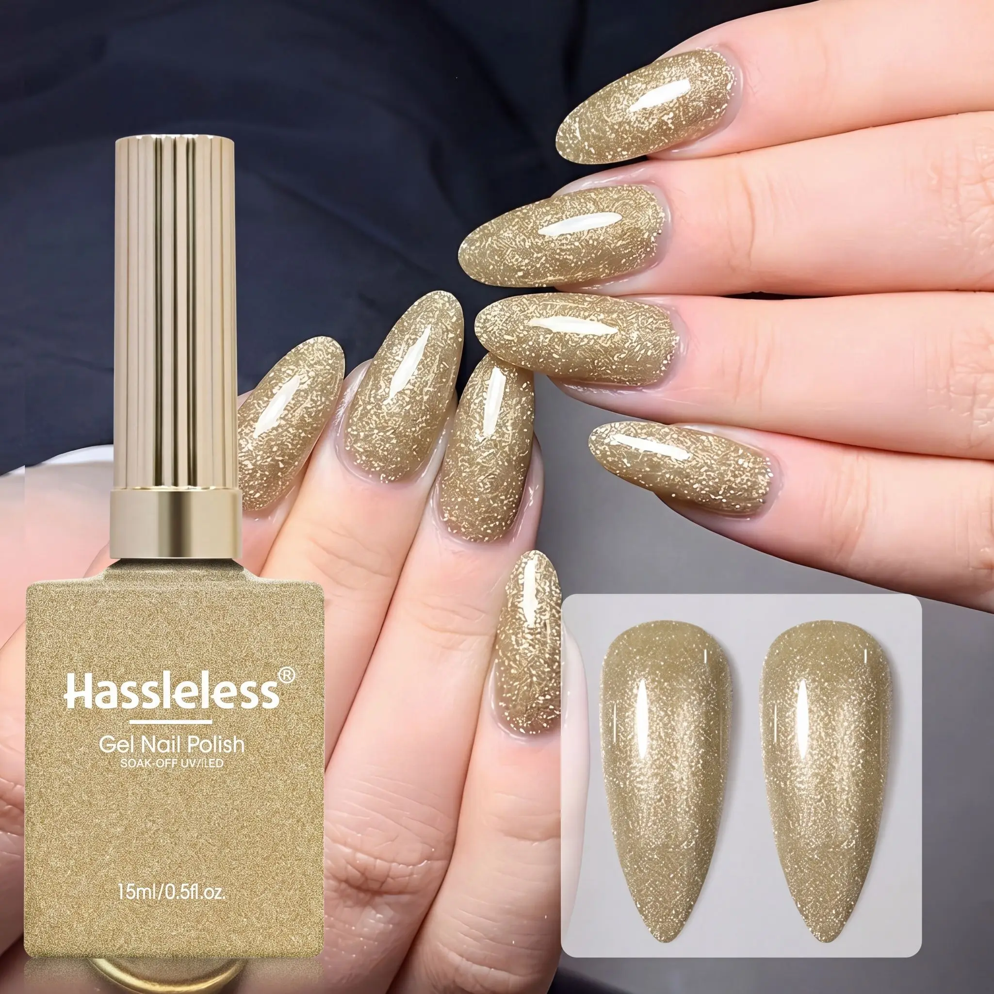 Hassleless Champagne Glitter Nail Polish with Fine Glitter, Gold Foil, and Crushed Diamond Texture, Perfect for Evening Parties, Eye-Catching and Exquisite Nail Art