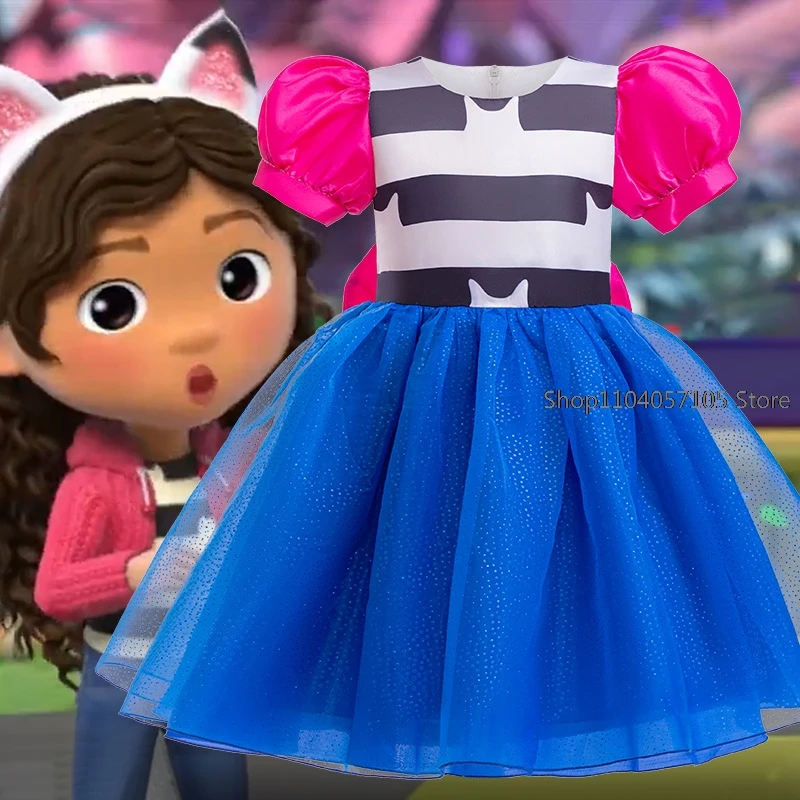 Kids Girls Dollhouse Cosplay Princess Dress Children Puff Sleeve Bow Tulle Dress+Cat Headband For Halloween Birthday Gown