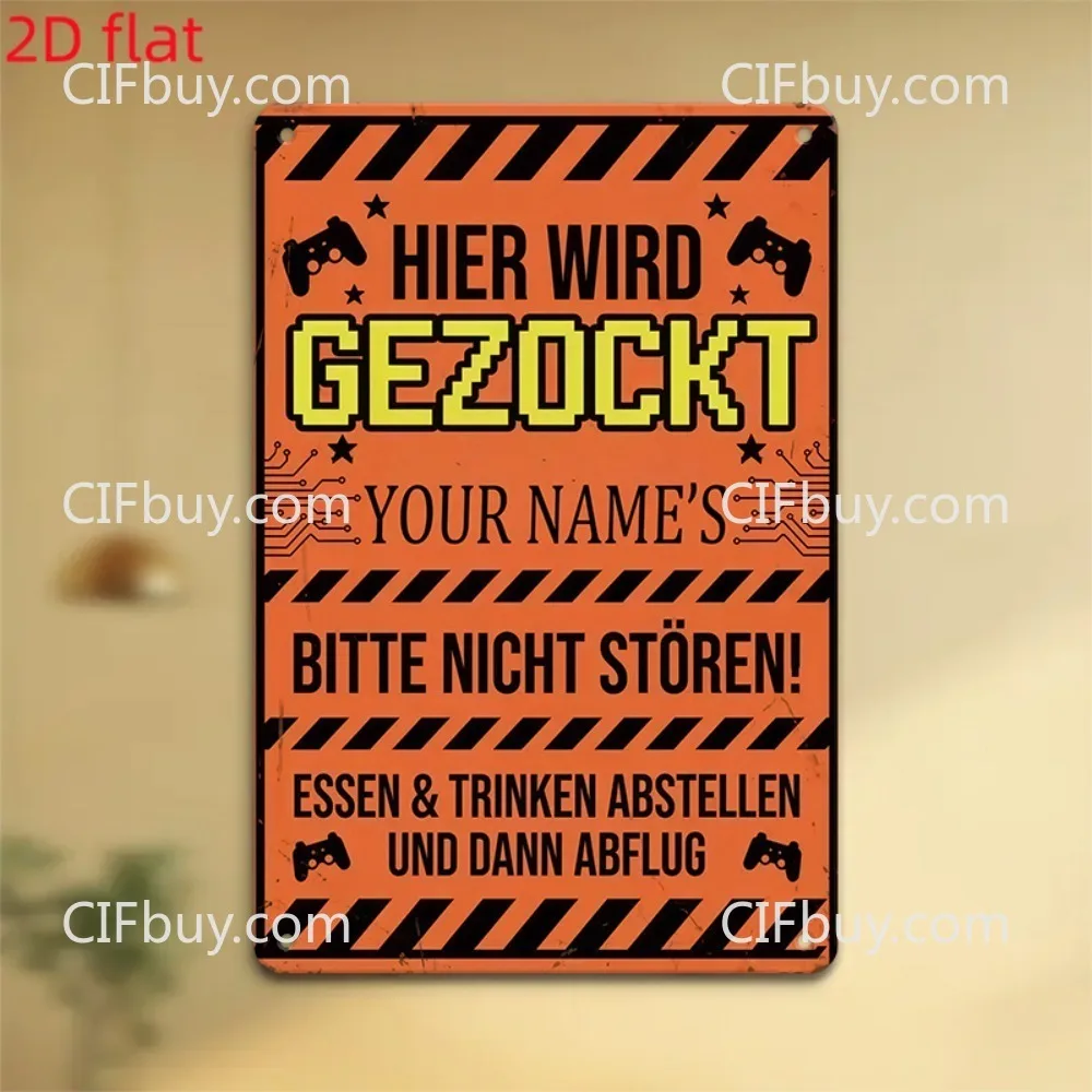 [2D Flat] 1pc Custom Name German Gaming Warning Metal Sign, Do Not Disturb Gamer Room Door Wall Decor (Only For Decoration)