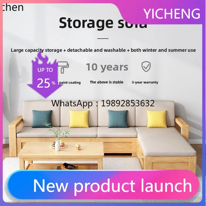 LYY neues chinesisches Massivholzsofa, schlichtes modernes Wohnzimmer-Sofa, Winter- und Sommer-Doppelfunktions-Ecksofa mit Stauraum