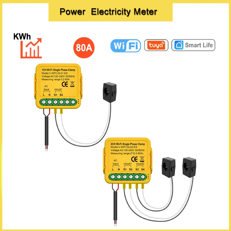 

Tuya WIFI single Phase Clamp Smart on/off device 80A solar current transformer clamp power consumption monitor electricity meter