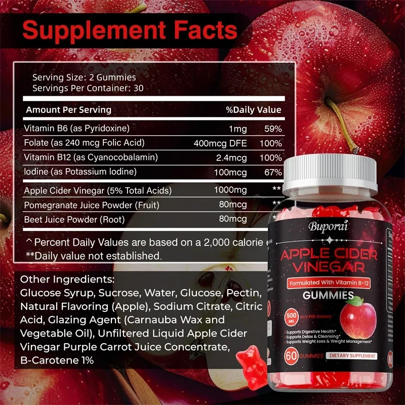 Apple Cider Vinegar Gummies - Weight Management, Cleansing Detox Fat Burning Appetite Suppressant, NON-GMO
