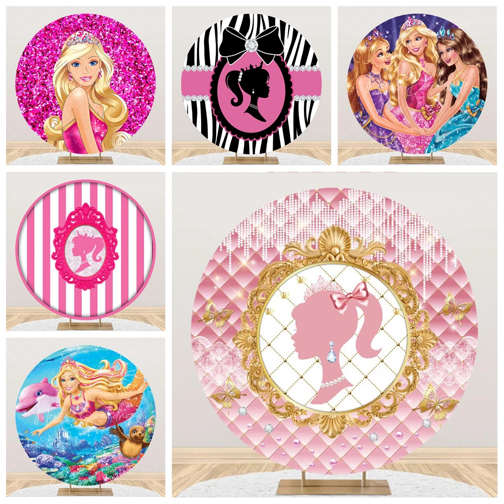 Fondo Redondo Personalizable para Fiesta de Cumpleaños con Temática de Maquillaje Rosa Barbie, con Nombre y Bendiciones, Accesorios Decorativos Brillantes, Fondo para Fotografía