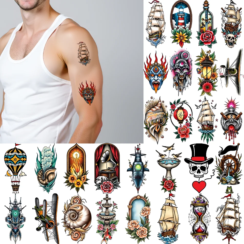 

28pcs Temporary Tattoo Ship Skull Temporary Tattoo Stickers Hot Air Balloon Compass For Arms Men Shoulders