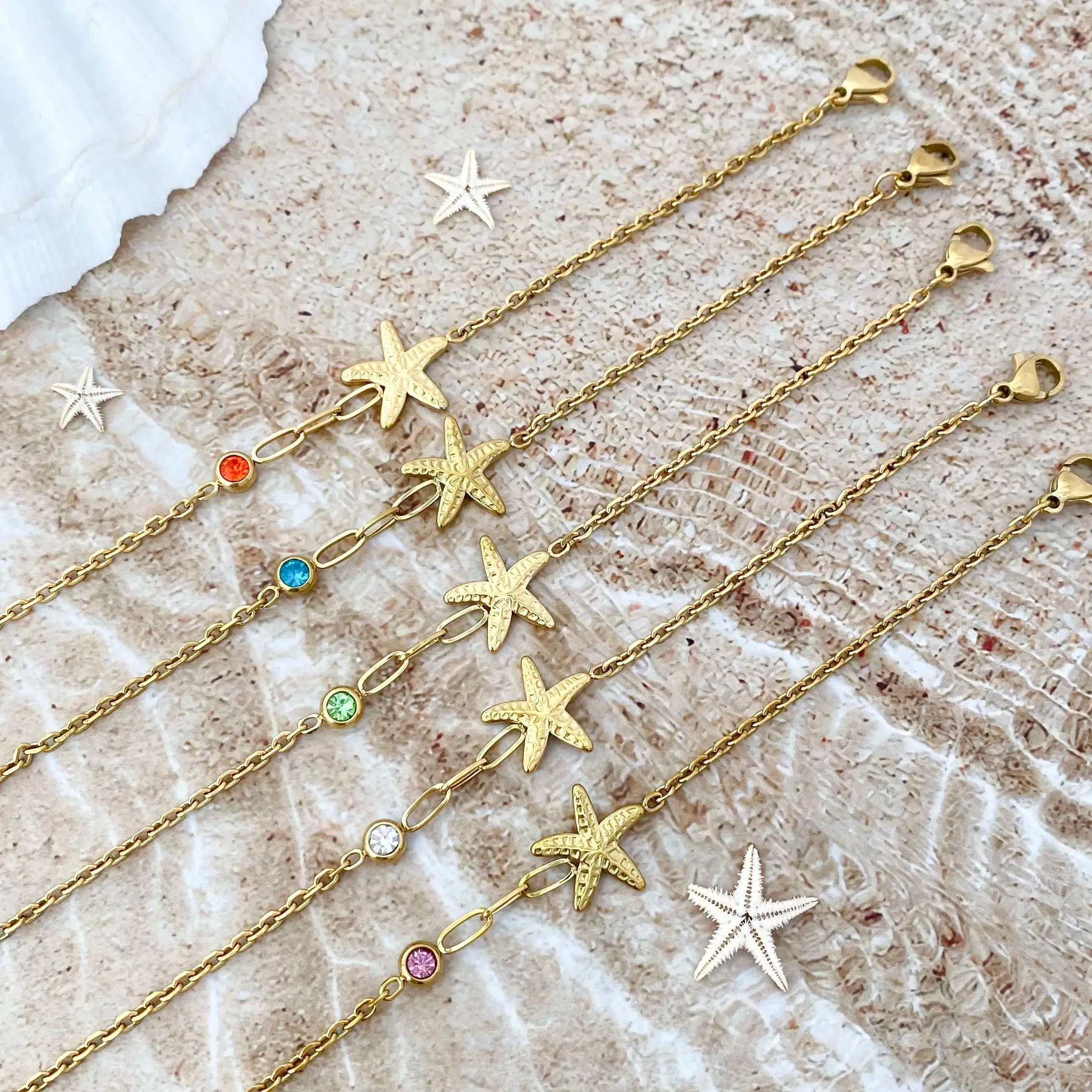 

Summer Beach Waterproof Jewelry Gold Plated Stainless Steel Bracelet for Women Starfish and Colorful Zircon Beaded Bracelet