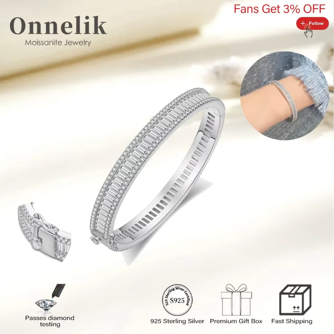 

Onnelik Full Sugar Crystal Moissanite Bangles S925 Sterling Silver Plate 18K Gold for Women Wedding Party Birthday Gifts Jewelry