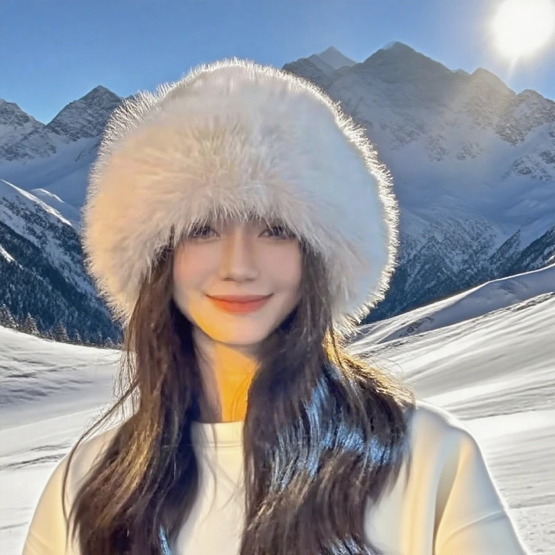 

Winter Solid Plush Brimless Cap Brimless Ski Hat Mongolian Hat Thick Warm Furry Beanies Hat Women Imitation Mink Fur Russian Cap