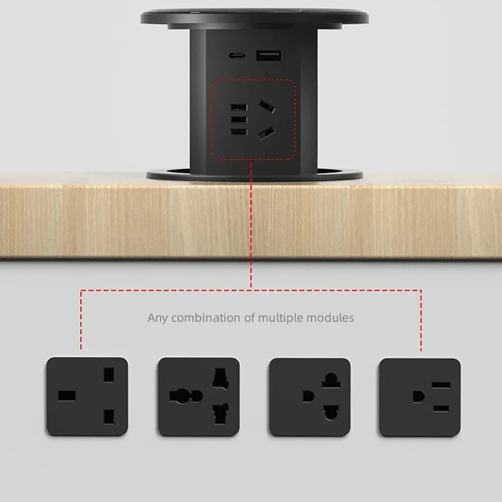 Hidden Built-in Table Power Socket: Automatic Pop-Up with US UK AU Universal Plug Adapter and USB Type-C Wireless Charging