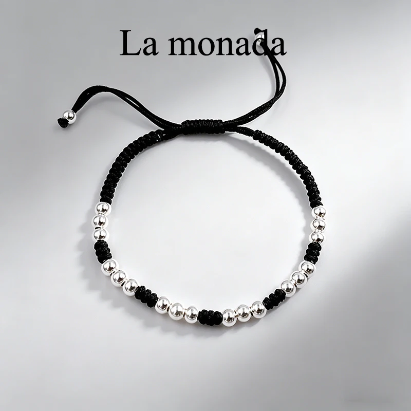 La Monada 14-22 Silver Bead Black Thread For Hand 999 Sterling Silver Bracelet Thread String Rope Bracelets For Women Silver 925