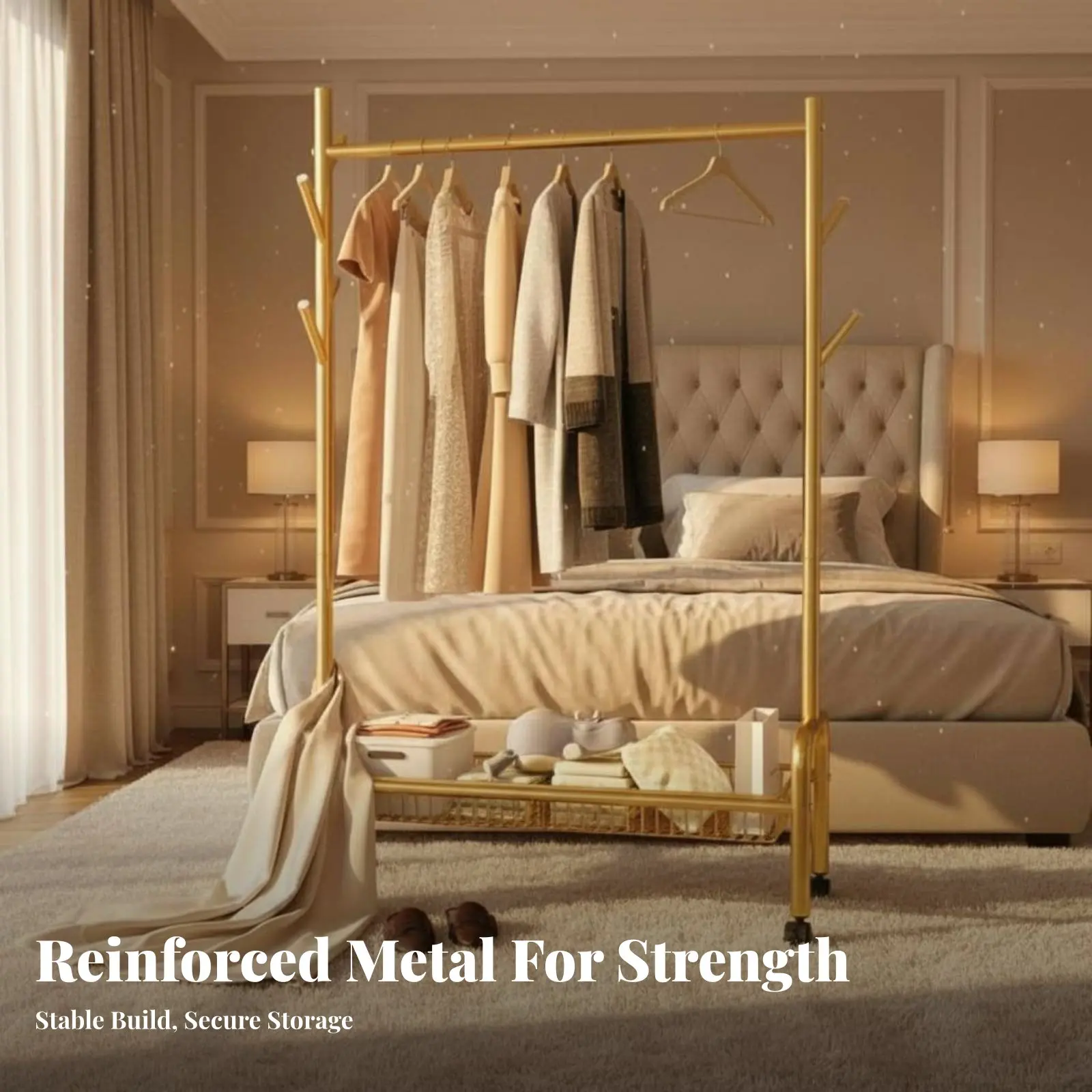 

Mobile Clothes Rack with Storage Baskets Nordic design Wheeled Clothes Valet with Basket Portable on casters Space-Saving