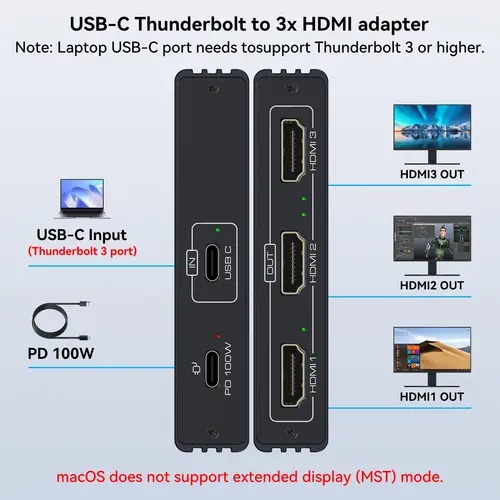 Imagen 2 del producto Adaptador USB-C a 3 HDMI 4K @ 60Hz, divisor HDMI de 1 entrada y 3 salidas compatible con modo extendido en Windows para Thunderbolt 3, con 100W PD